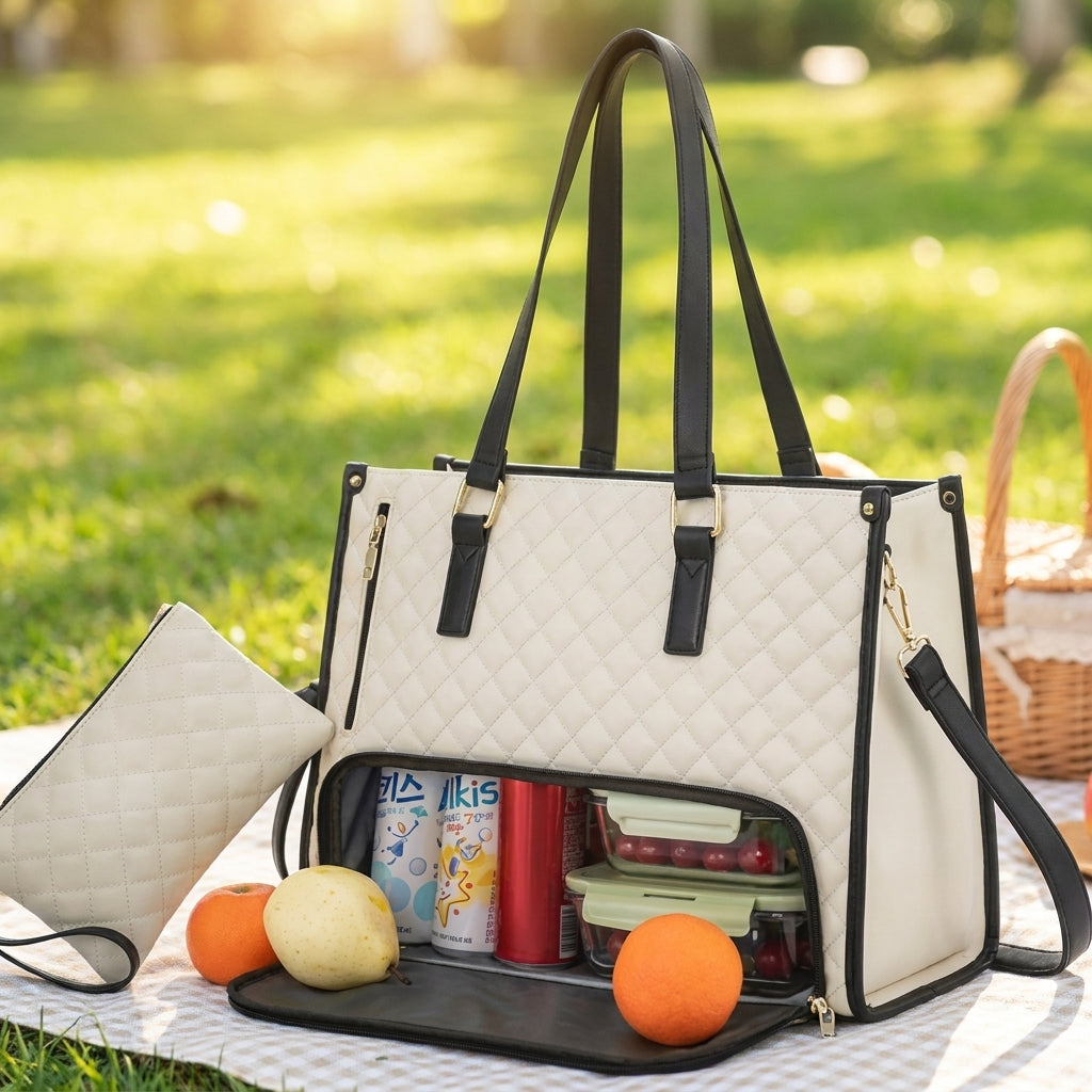 Women's Quilted Tote Bag Insulated Lunch Bag Lunch Bag Work - Image 1