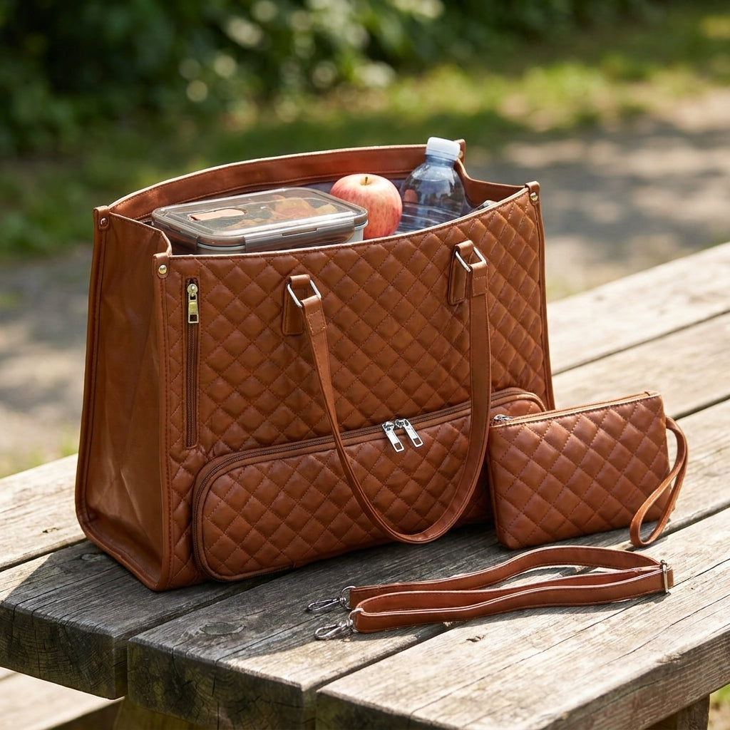 Women's Quilted Tote Bag Insulated Lunch Bag Lunch Bag Work - Image 3