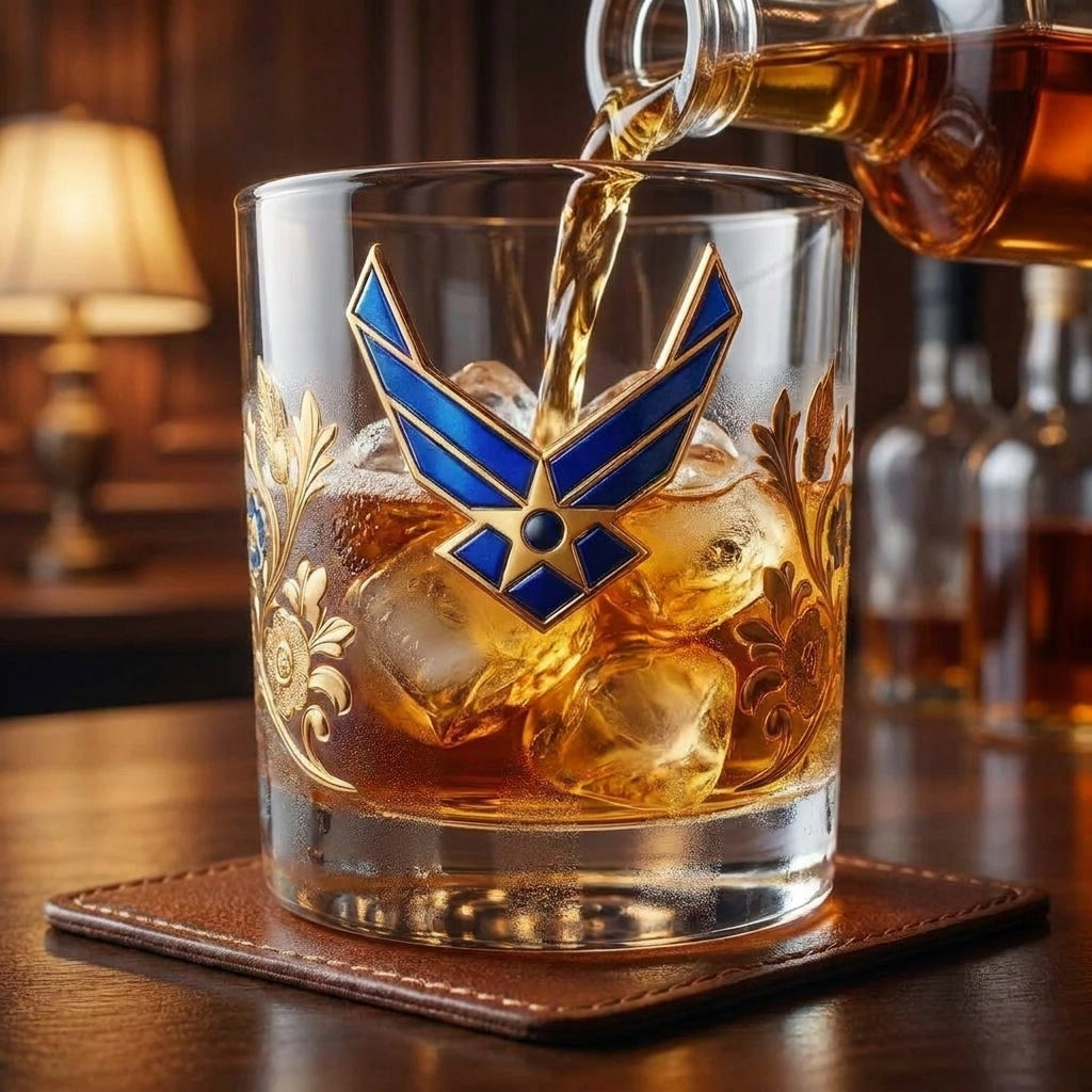 Whiskey Glass Drinking Glass Veteran Gift Embossed Gold Design - Image 4