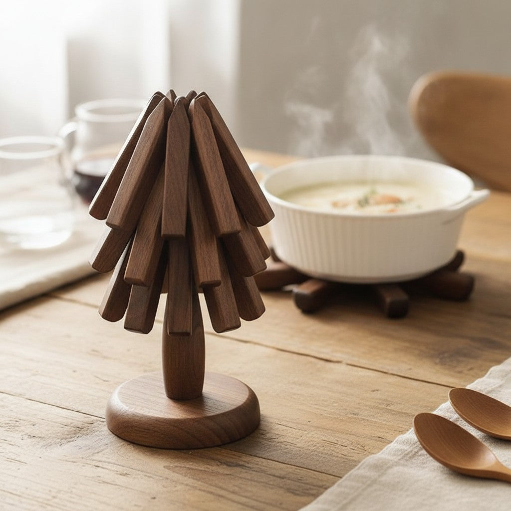 folding walnut wood trivet in use, lifestyle scene