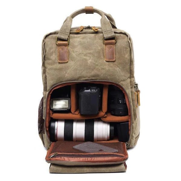 Waterproof Waxed Canvas Camera Backpack With Laptop Compartment And Tripod Strap - Image 4