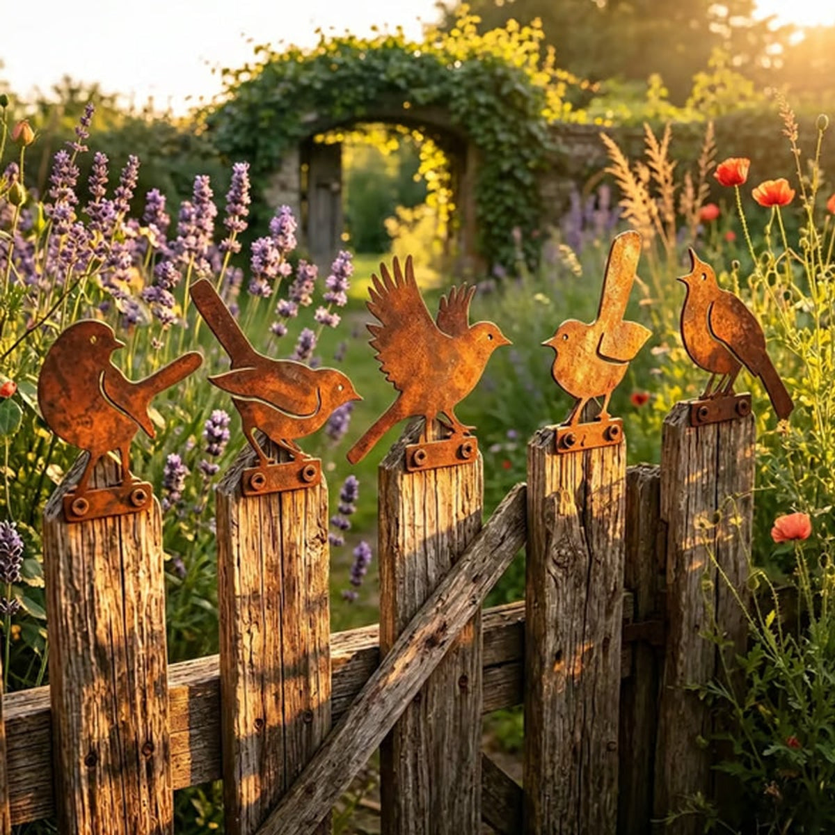 Weathered Corten Steel Bird Silhouettes Set Of 5 Garden Decor With Real Rust Patina - Image 2