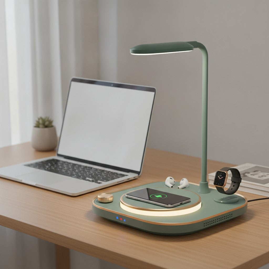 wireless charging desk lamp in use, lifestyle scene