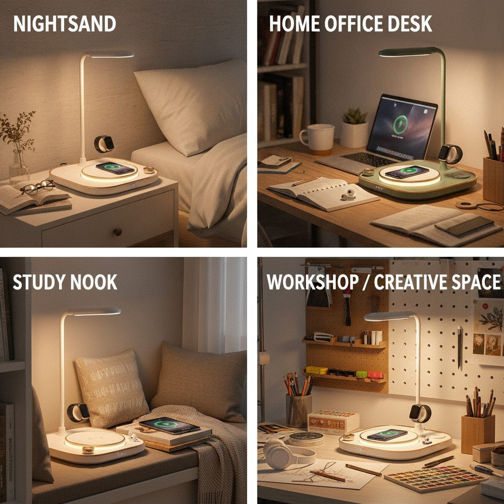wireless charging desk lamp shown in multiple settings