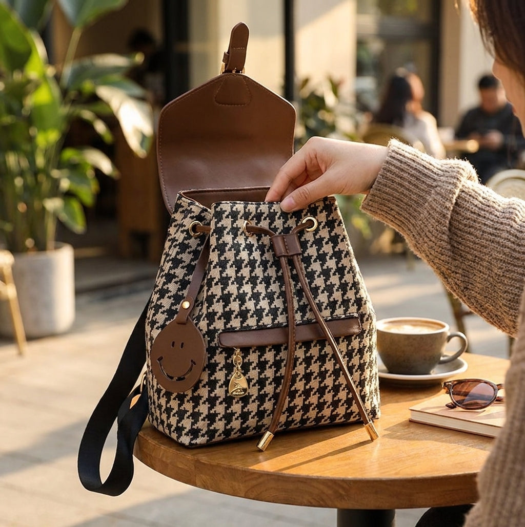 Women's Backpack Stylish Fashion Drawstring Flap Closure Smiley Charm - in-use