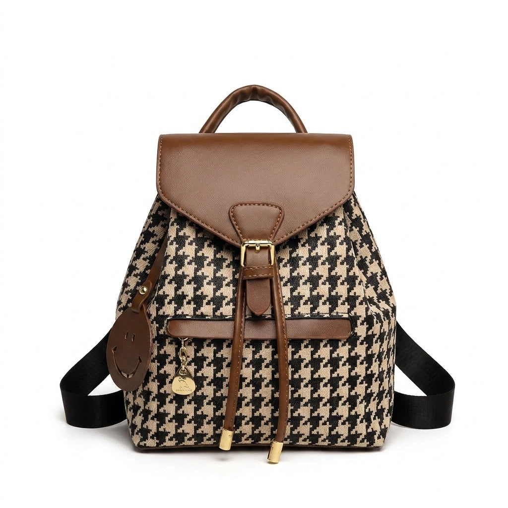 Women's Backpack Stylish Fashion Drawstring Flap Closure Smiley Charm - studio