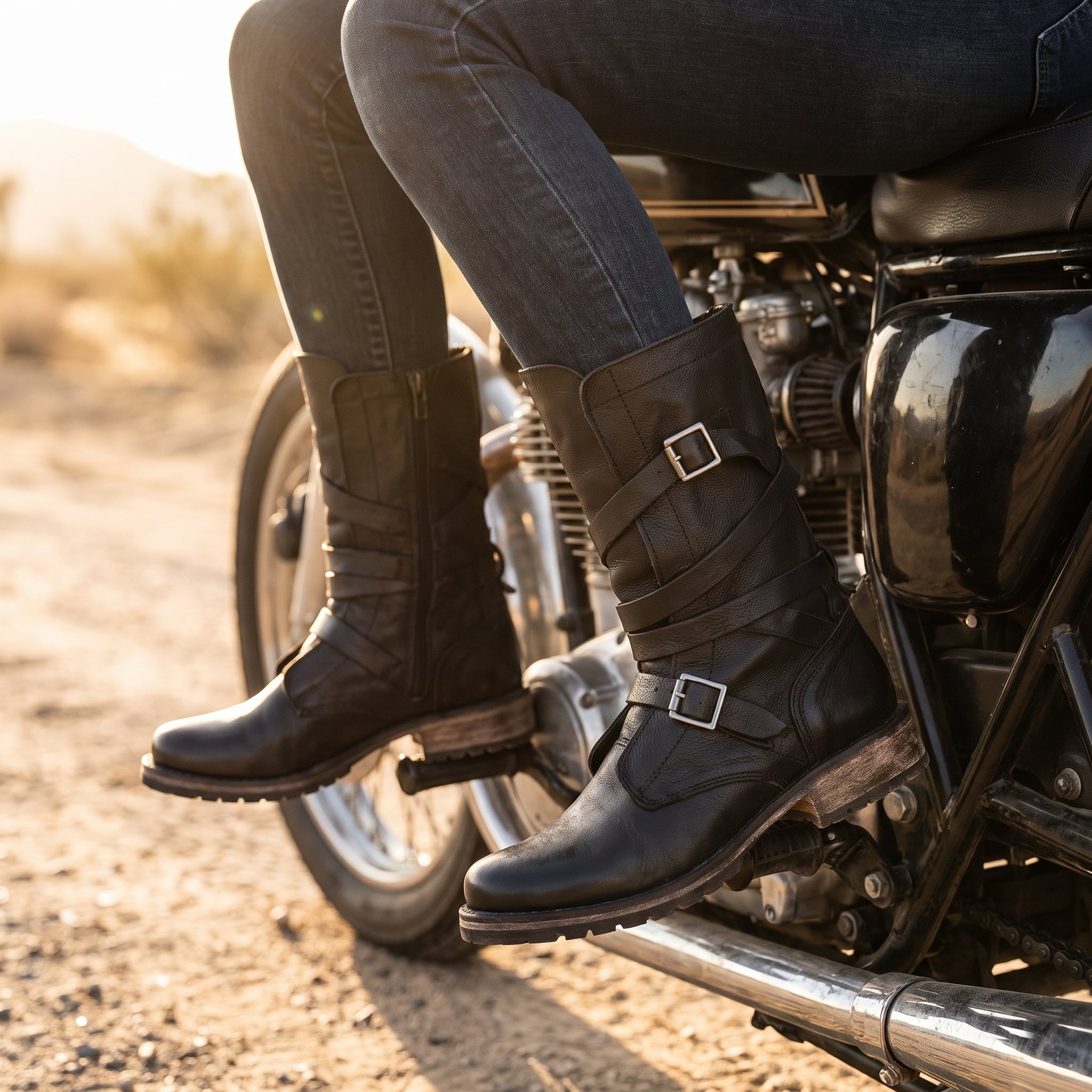 Women's Motorcycle Boots Retro Biker Buckle - hero