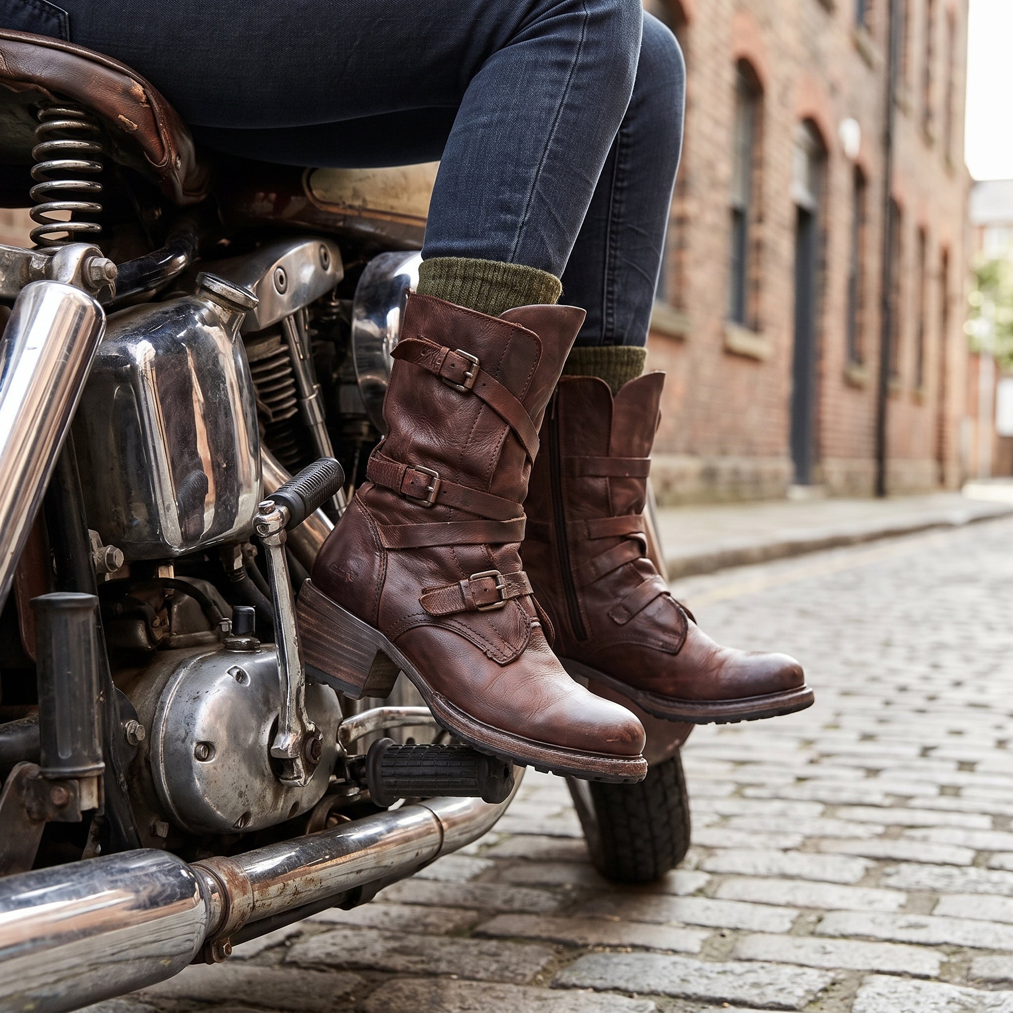 Women's Motorcycle Boots Retro Biker Buckle - hero