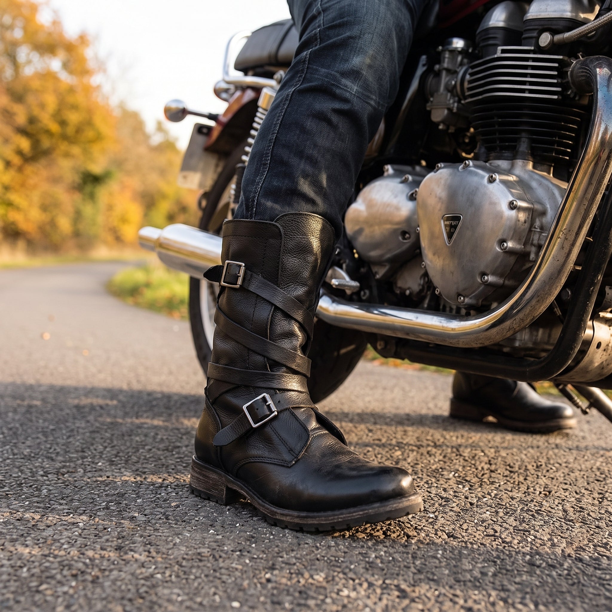 Women's Motorcycle Boots Retro Biker Buckle - in-use