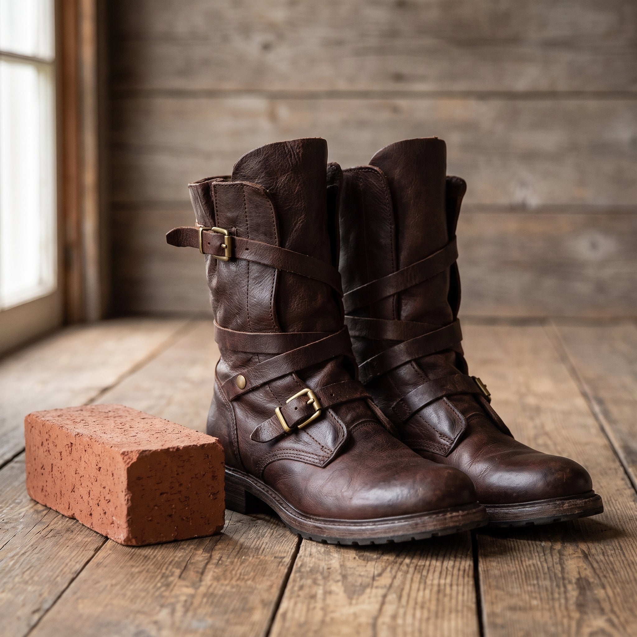 Women's Motorcycle Boots Retro Biker Buckle - scale