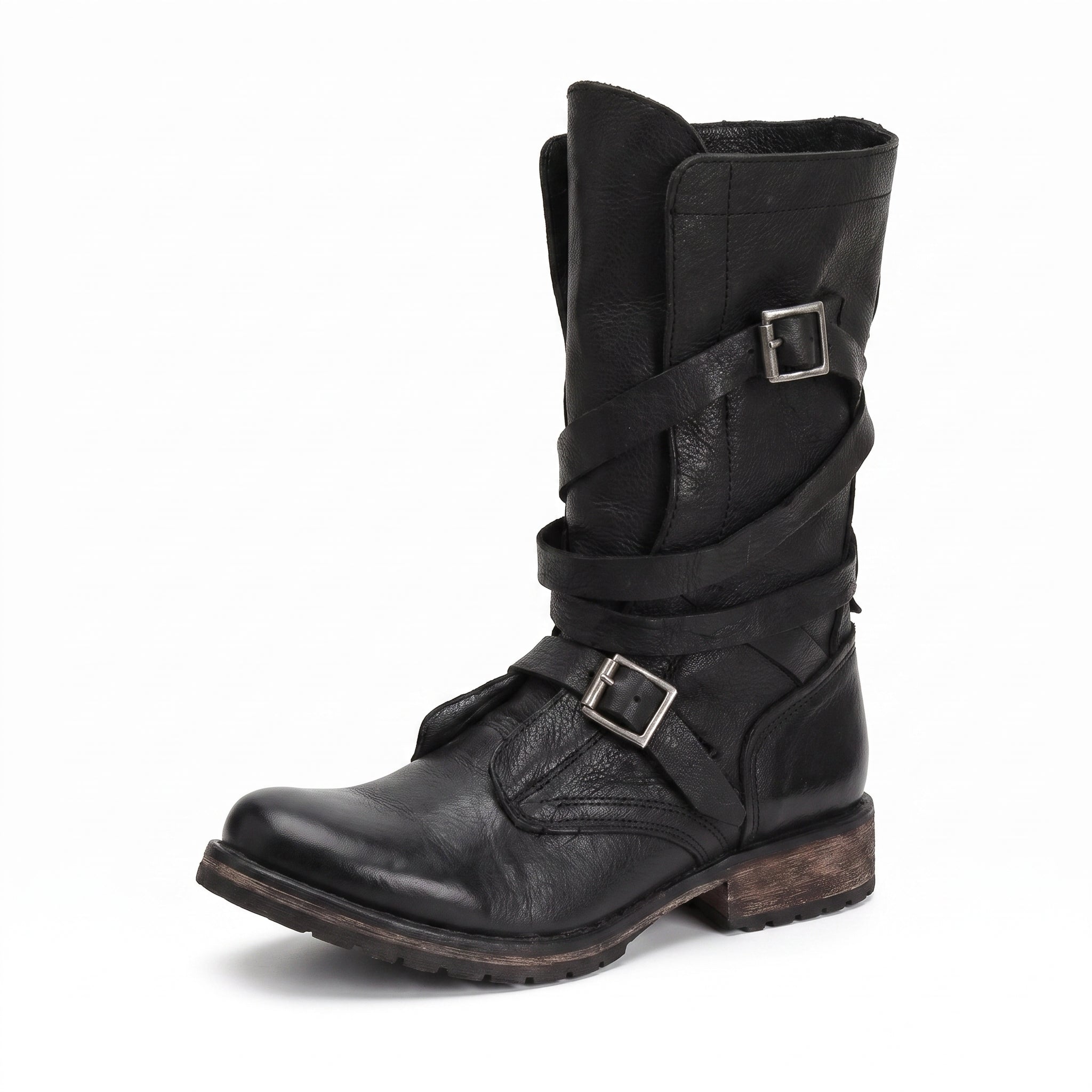 Women's Motorcycle Boots Retro Biker Buckle - studio