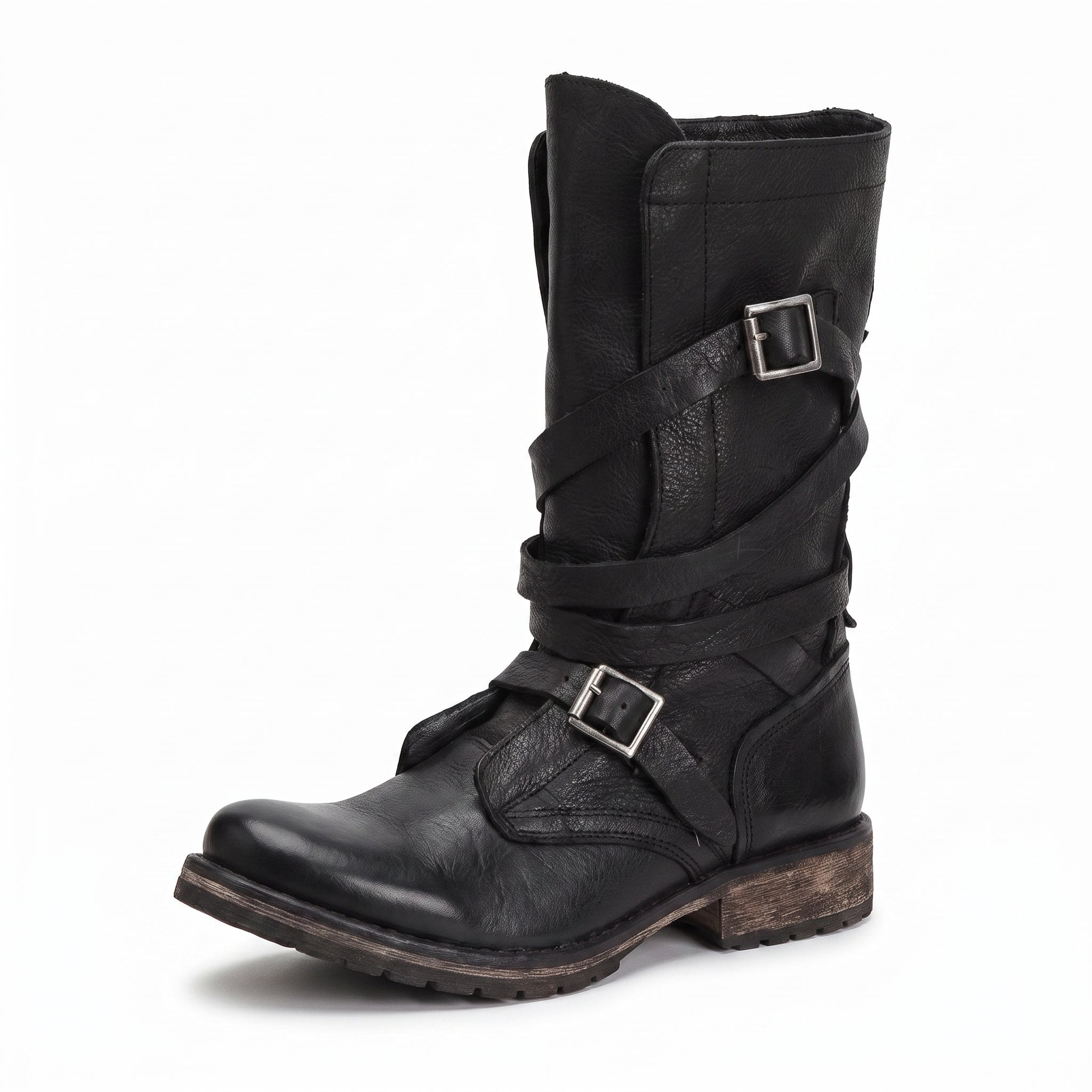 Women's Motorcycle Boots Retro Biker Buckle - studio