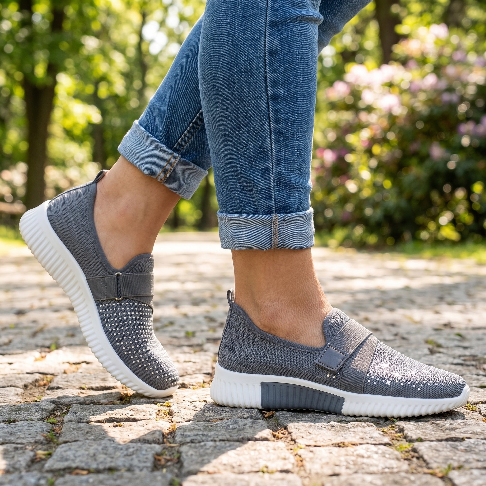 Shoes Walking Sneakers Slip-On Comfort Mesh Rhinestone - in-use