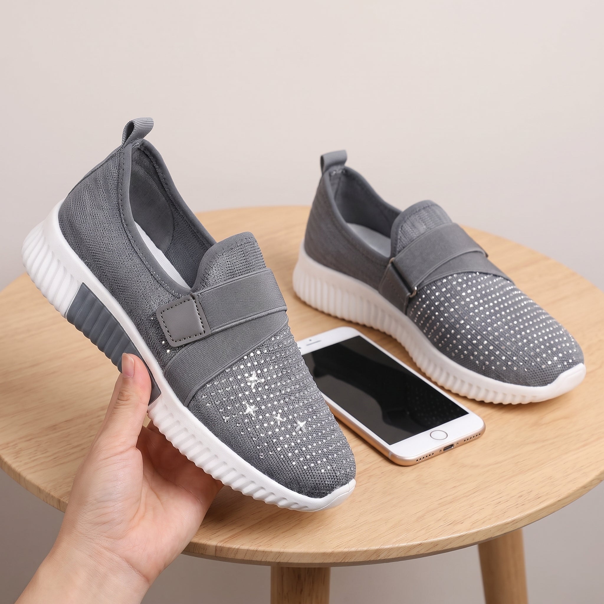 Shoes Walking Sneakers Slip-On Comfort Mesh Rhinestone - scale