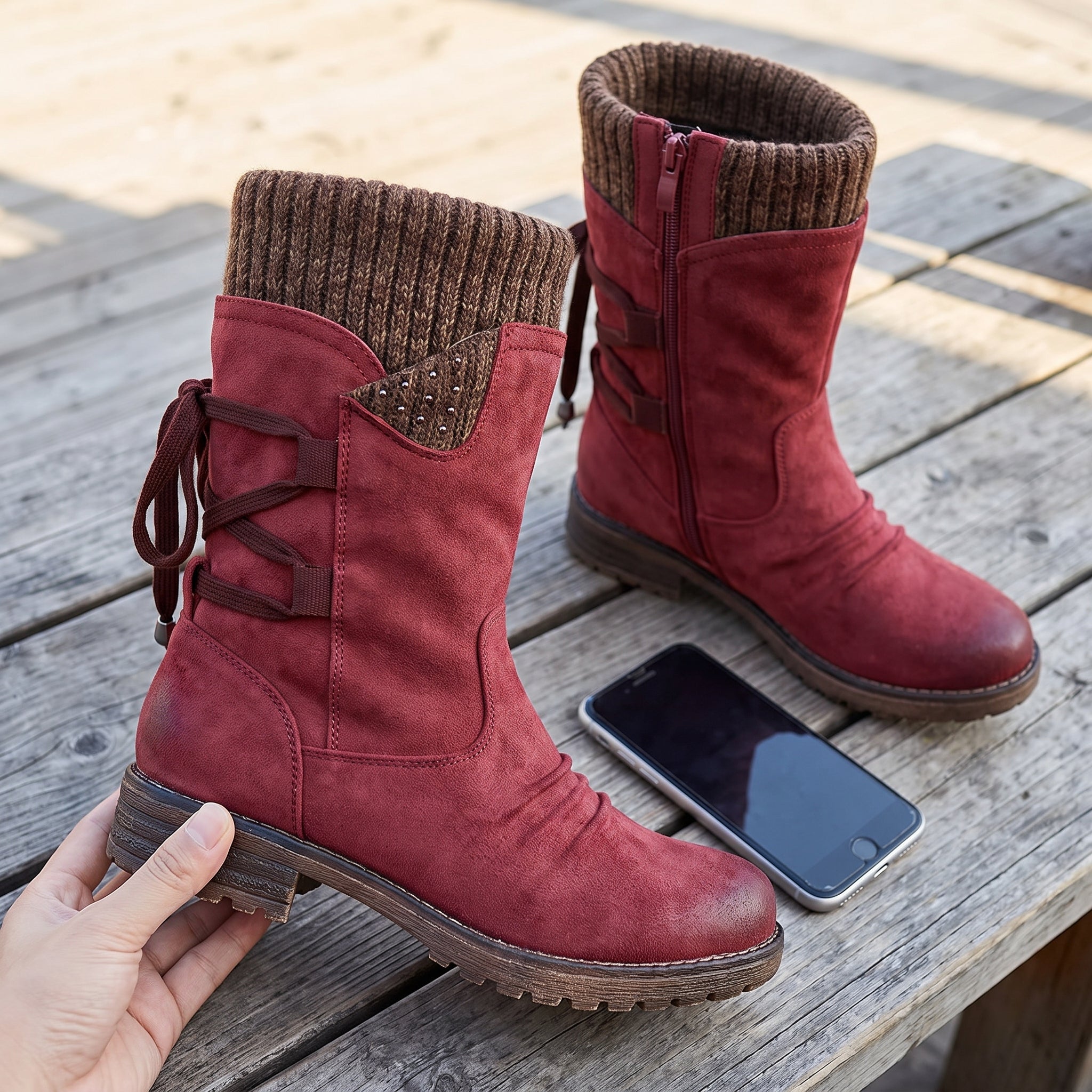 Women's Winter Boots Mid-Calf Knitted Cuff Side Zipper - scale