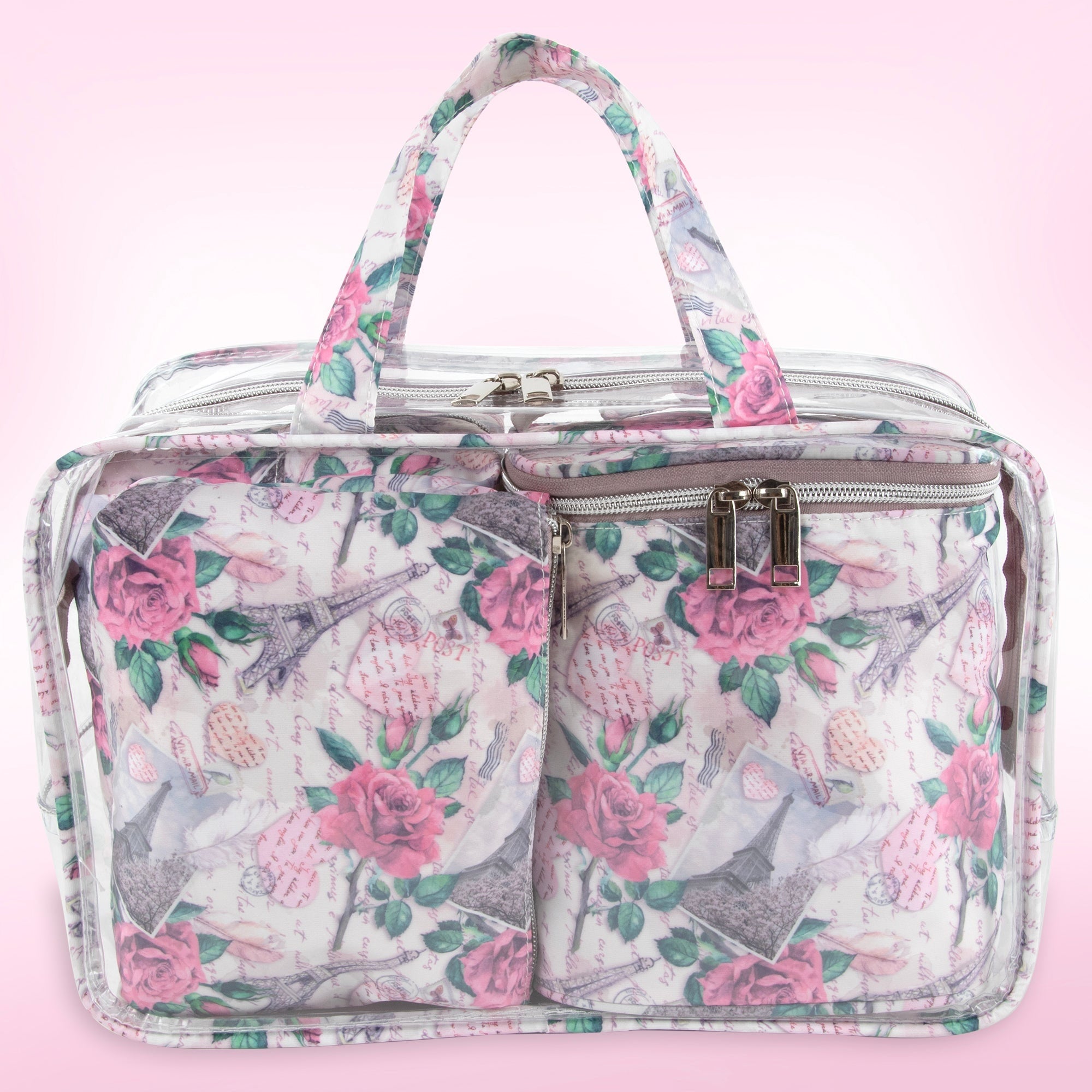 Women's Cosmetic Travel Bag Set Pink Floral Paris Theme - Image 2