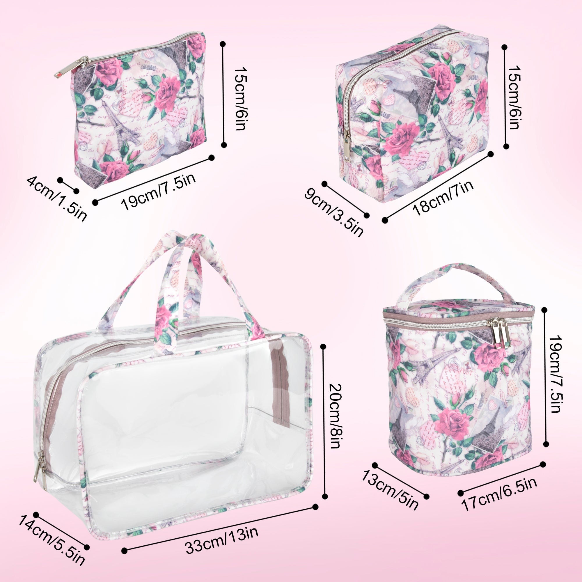 Women's Cosmetic Travel Bag Set Pink Floral Paris Theme - Image 3