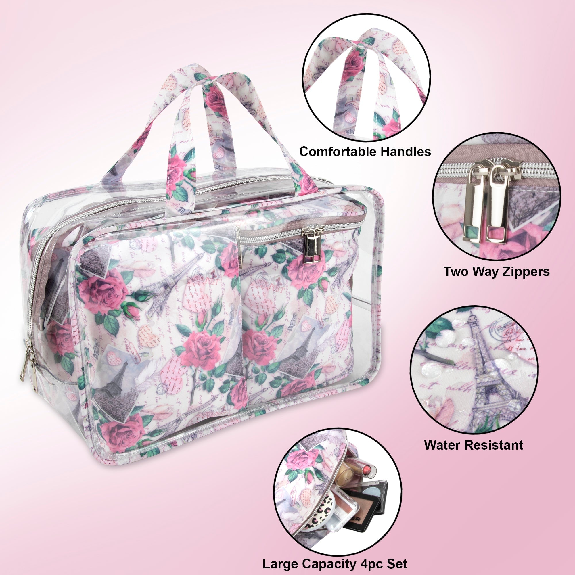 Women's Cosmetic Travel Bag Set Pink Floral Paris Theme - Image 4
