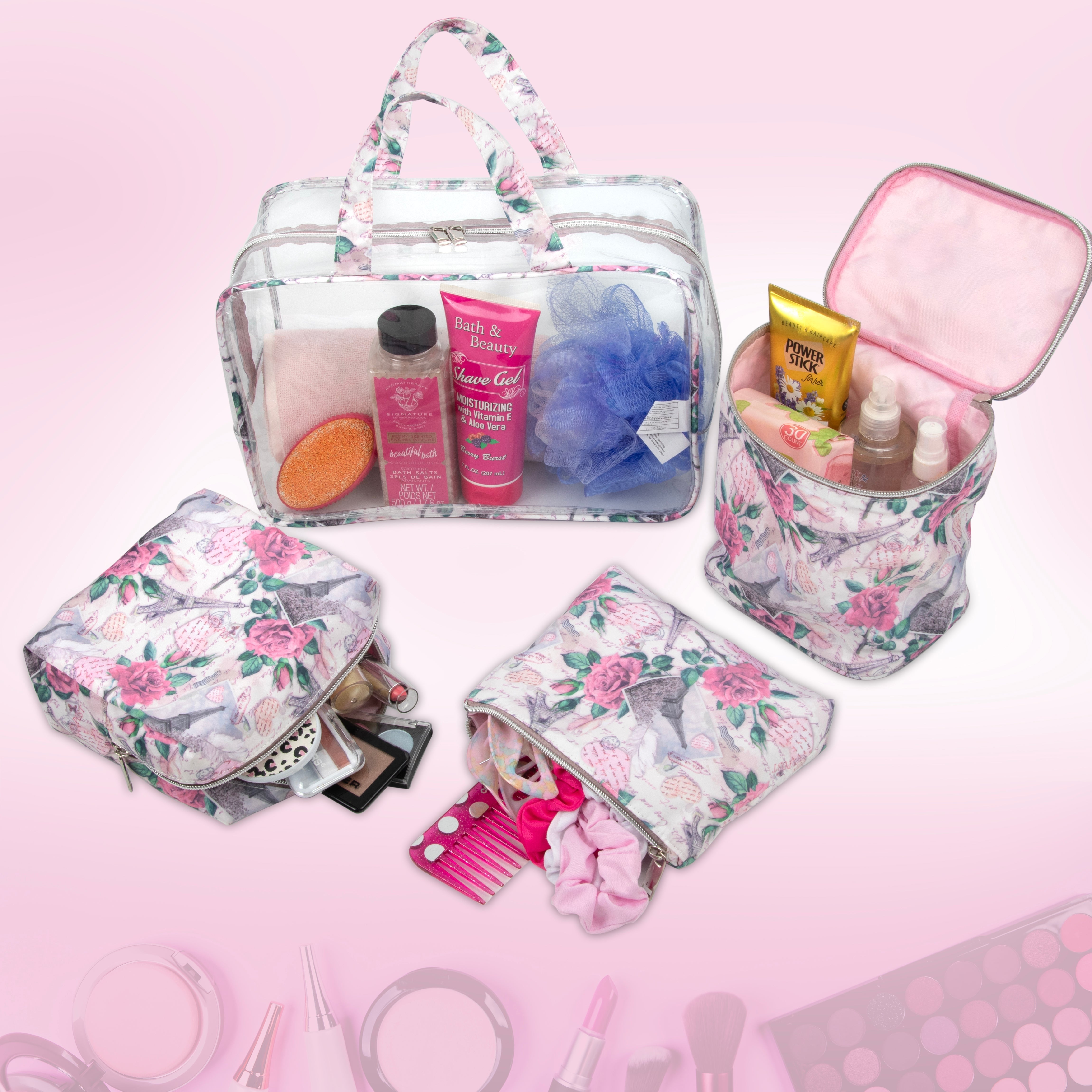 Women's Cosmetic Travel Bag Set Pink Floral Paris Theme - Image 5