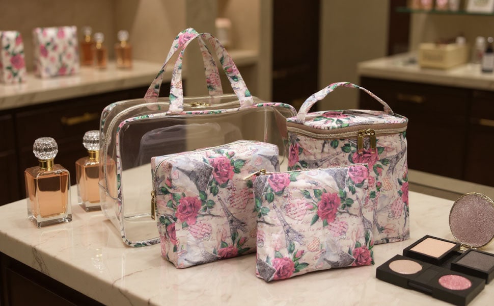 Women's Cosmetic Travel Bag Set Pink Floral Paris Theme - Image 6