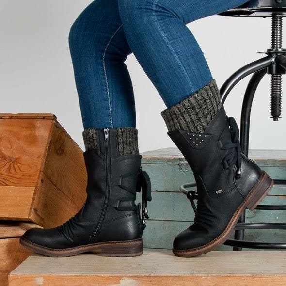 Women's Winter Boots Mid-Calf Knitted Cuff Side Zipper - Image 1