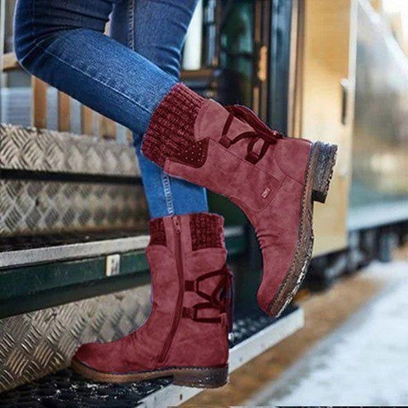 Women's Winter Boots Mid-Calf Knitted Cuff Side Zipper - Image 2