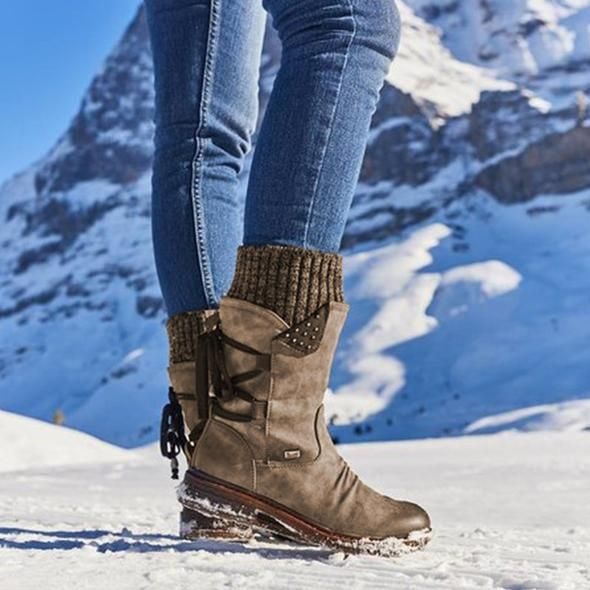 Women's Winter Boots Mid-Calf Knitted Cuff Side Zipper - Image 4