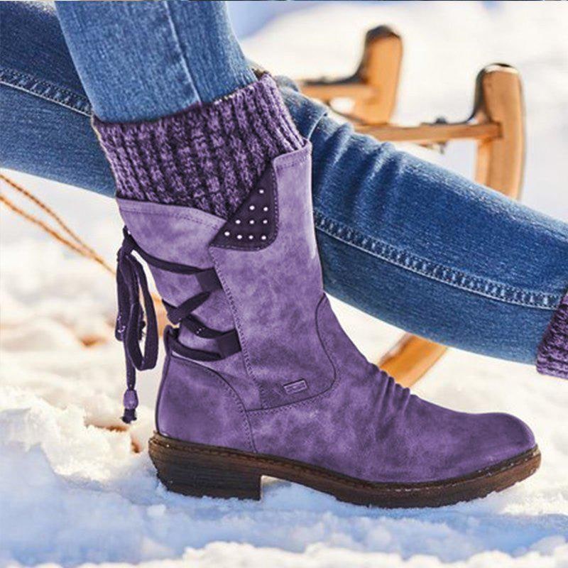 Women's Winter Boots Mid-Calf Knitted Cuff Side Zipper - Image 6