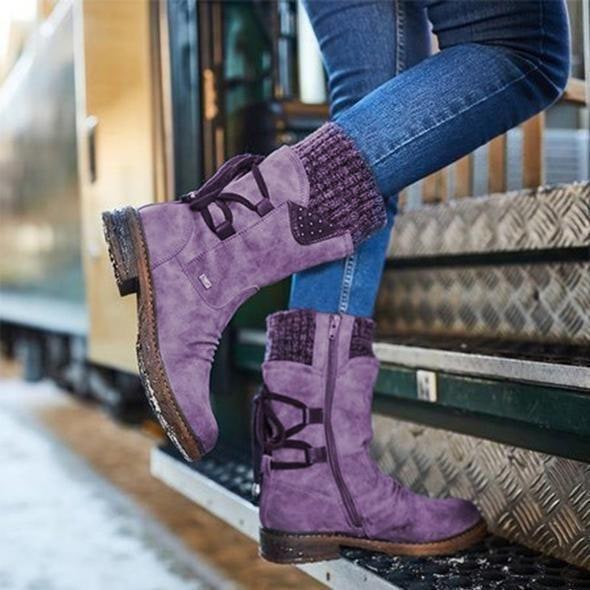 Women's Winter Boots Mid-Calf Knitted Cuff Side Zipper - Image 9