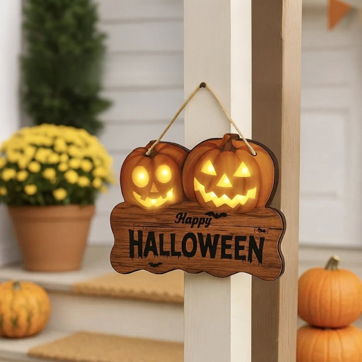 Wooden Halloween Sign With Integrated Glowing Pumpkins Hanging Rustic Halloween Decoration For Porch And Home Perfect Halloween Decor - Image 2